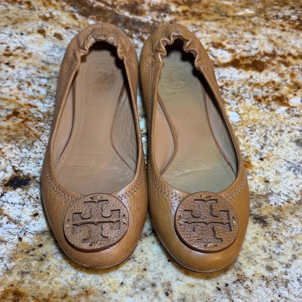Tory Burch Cognac Leather Logo Ballet Flats